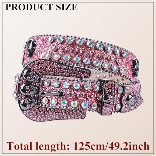 Rhinestone Skull Belt, Western Bling Studded PU Leather Belt Crystal Buckle Punk Cowboy Style Jeans Waist Belt2