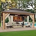 YOLENY 12' x 14' Hardtop Gazebo, Wooden Finish Coated Aluminum Frame Gazebo with Galvanized Steel Double Roof, Outdoor Permanent Metal Pavilion with Curtains and Nettings for Patio, Lawn & Garden