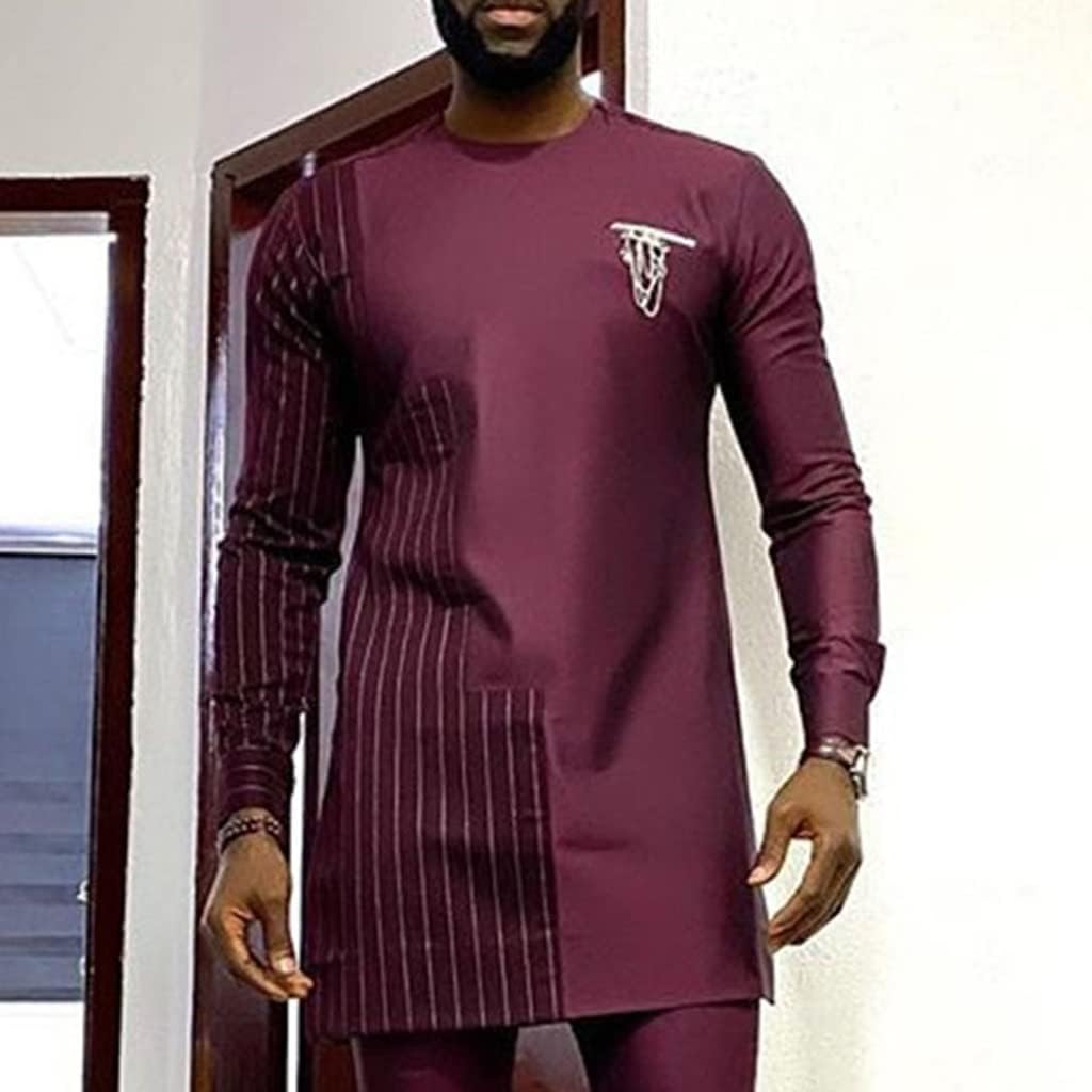 Men's African Clothing 2 Piece Set Long Sleeve Traditional Dashiki and Pants Outfit Suit Crew Neck Top Shirt (Color : Red, Size : 3X-Large)