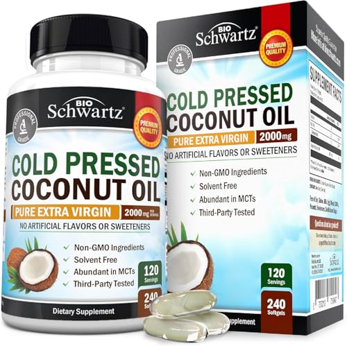Organic Coconut Oil Capsules 2000mg - Pure Extra Virgin Unrefined Cold Pressed MCT Rich & Non-GMO for Healthy Skin Nails Hair Growth Support Bloating Anti Aging Digestion - 240ct (4 Month Supply)