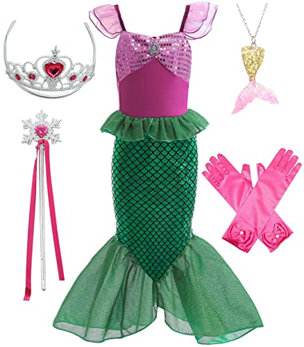 Sunhibay 5 Piezas De Disfraces De Cosplay De Sirena Vestido De Ariel Para Fiesta De Cumpleaños De Niñas Con Joyería De Tiara 120, D90 Rrg