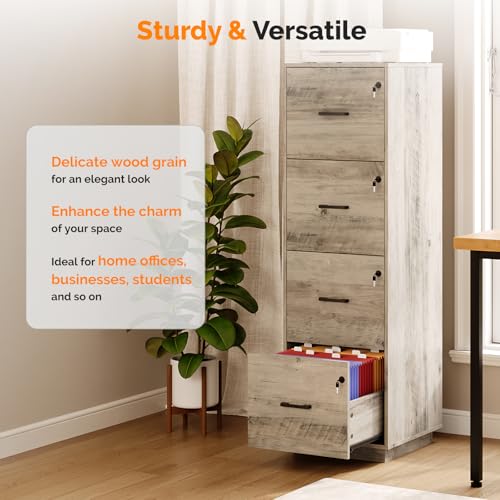 Image of VINGLI 4 Drawer File Cabinet with Lock, Home Office Filing Organizer, for Letter Size File Folder Storage, Wood Tall Vertical Filing Cabinet, Printer Stand, Archivador (Rustic Gray)