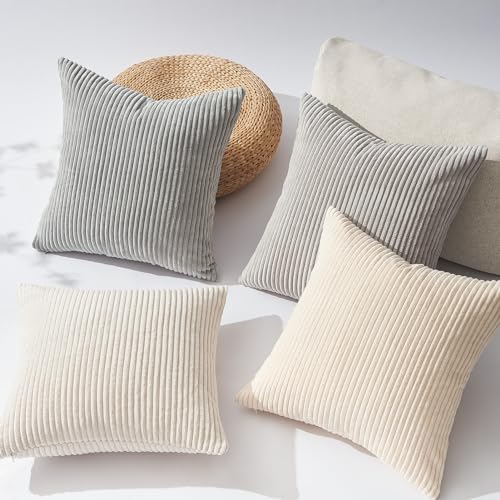 Image of Topfinel 4 Packs Neutral Decorative Throw Pillows Covers 12x12 Inch for Living Room Couch Bed Sofa, Rustic Farmhouse Boho Neutral Home Decor, Soft Plush Striped Corduroy Square Cushion Case 30x30 cm