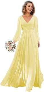 Empire Waist A Line Bridesmaid Dress for Women V Neck Long Sleeve Floor Length Wedding Guest Dresses