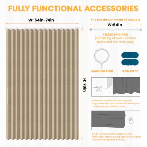 Image of AJAZZ Blackout Accordion Door Curtains with Curtain Rods 52-63 in Length for Door Window Curtains Magnetic Door Curtain for Bedroom, Doorway Curtain Sets (1 Panel, 72 W x 78 L, Brown)