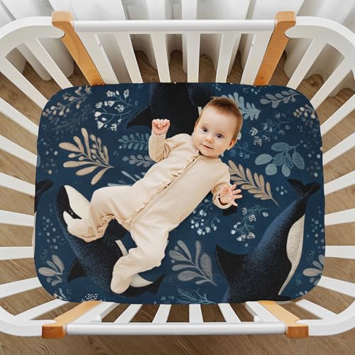 Image of Sea Orcas Retro Crib Sheets Soft Breathable Fitted Baby Crib Sheets Mattress Cover for Girls Boys, 52 inch x 28 inch x 9 inch