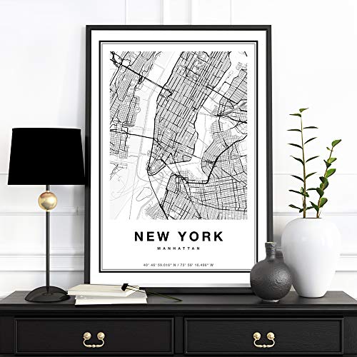 AdoDecor Impressions Sur Toile Carte de New York Manhattan Poster Tableaux, Posters Et Arts Décoratifs Peinture murale élégante monochrome Affiche...