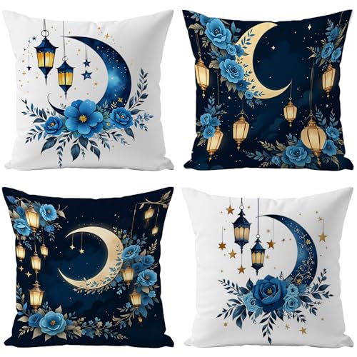 qiyeyeye Ramadan Pillow Covers Moon Star Ramadan Decorations for Home Eid Decor Ramadan Mubarak Throw Pillow Cover Set for Home Sofa Bed Party Decoration 18x18 Inch 4pcs