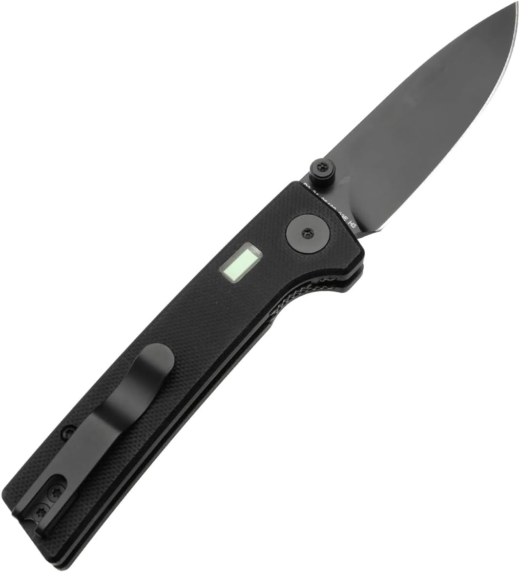 Glow Rhino Fermi 7" Drop Point Folding Knife with 2 XL Tritium Inserts - Black D2 Steel with Black G10 Handles, Yellow Thumbstud