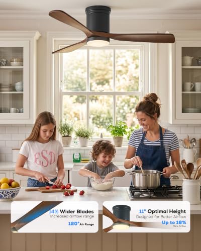 Image of Smart Flush Mount Ceiling Fans with Lights, 60 Inch Low Profile Ceiling Fan, Alexa&Remote Control, 3 Solid Wood Propeller Blades, Quiet High CFM BLDC ETL Listed Outdoor Ceiling Fans for Bedroom Patio