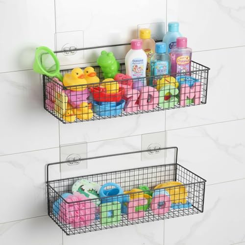 Image of Bath Toy Storage, 2 Pack Metal Mesh Bath Toys Organizer for Bathtub Wall & Shower, Large Capacity Shower Toys Holder with Rustproof Hanging Basket Design for Restroom, Toilet, Bathroom, Kitchen-Black
