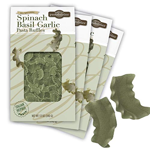 Pastabilities Ruffles Shaped Pasta - Spinach Basil Garlic - Italian Mafaldine Inspired, Non-GMO Natural Wheat and Vegetable Pasta, All-Natural, Kosher Certified, Made in the USA, (4 Pack, 12 Oz)