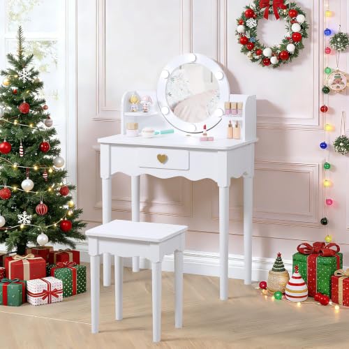 UTEX Kids Vanity Set with Light and Golden Heart Drawer for Little Girls