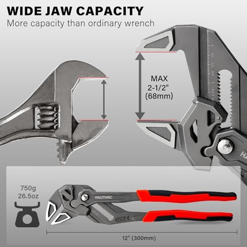 Image of HAUTMEC Adjustable Pliers Wrench, 12-Inch Smooth Jaw Parallel Pliers, Heat-Treated CR-V Steel & Phosphated Rust-Resistant, SAE /Metric Scale, Storage Belt Pouch for Professional Plumbing & DIY
