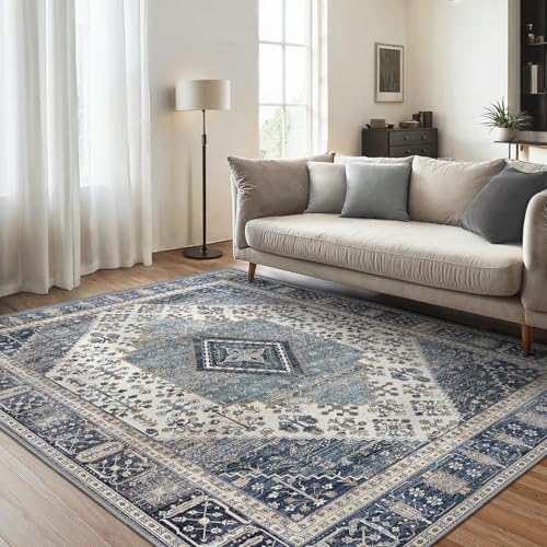 GENIMO Rugs Living Room 160x230cm,Washable Large Boho Vintage Carpet,Non-Slip Durable Easy Clean Blue Rug for Living Room, Dining Room, Home Office
