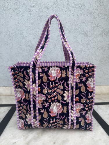 Image of Quilted Cotton Hand printed Reversible Large multicolor cotton Tote Bag,Indian Handmade Block Printed Tote Bag Women Handbag