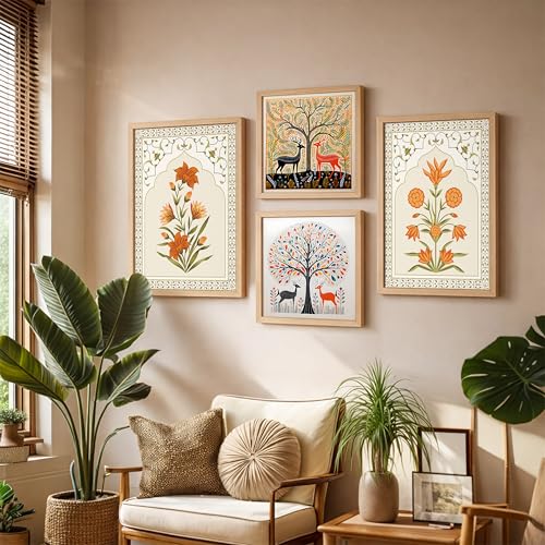 Image of NoWorries Ethnic Indian Wall Art Frame Set of 4 | Folk Art Painting Wall Decor Frames | HD Printed Wooden Frame Artwork for Living Room Bedroom Hall Office Home Decoration