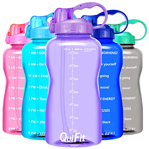 QuiFit Motivational Gallon Water Bottle - with Straw & Time Marker,BPA Free Reusable Large Leakproof Portable Water Jug,for Fitness Camping Outdoor Sports(Purple,1 gallon)