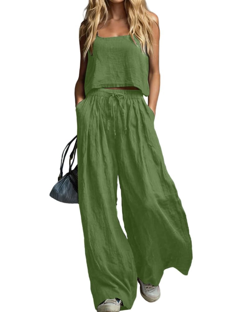 shownicer Ensemble Femme Coton et Lin Tenue 2 Pièces sans Manche Tops Et Pantalon Ensembles en Lin Décontractée Ete Tenue