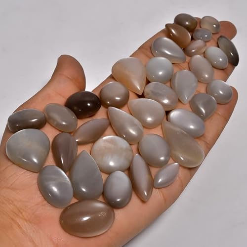 Damru™ 100 Cts (3 To 5 Pcs) Grey Moonstone Natural Flat Back Mix A+ Quality Loose Cabochon For Jewelry Making, Wire Wrapping, Diy, Healing Rings Crystals, Pendants, Wedding Gift #TOP1