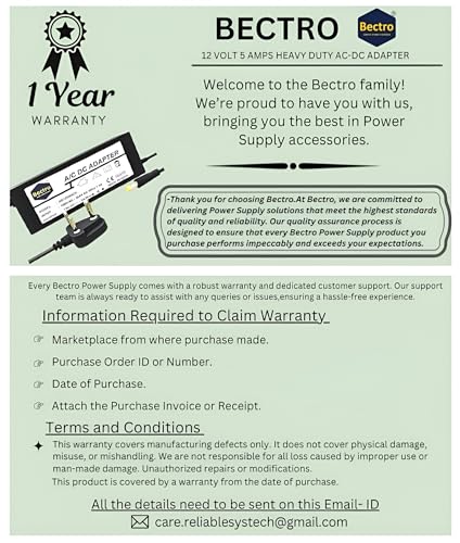 Bectro 12 Volt 5 Amps 60 Watt Switch Mode Power Supply/Adapter,Ac To Dc Converter Compatible For Battery Charger,Cctv Camera & Other Electronic... - Image 6