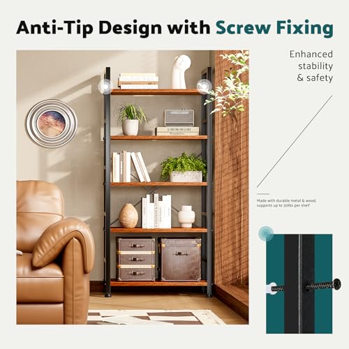 Book Shelf, 5 Tier Bookshelves Tall Modern Bookcase Shelf Organizer Storage Shelving Unit for Bedroom Living Room and Home Office Rustic Brown - Image 4