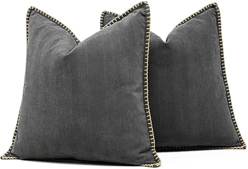 Vfuty Dark Gray Textured Throw Pillow Cover 18x18 Set of 2 Decorative Chenille Pillow Cover with Stitched Edges, Neutral Farmhouse Pillow Case for Couch Sofa Living Room Bedroom Cozy Accent Decor