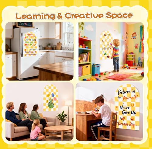 Magnetic Wall Decal Chalkboard, 24" x 40" Arch Peel & Stick Felt Magnetic Board, Wall-Safe Removable Reusable, Yellow & White Checkered Playroom Home Office Decor - Image 7