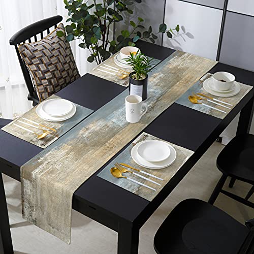 Retro Country Style Farmhouse Placemats Set Of 6 With Table Runners 70 Inches Long,Non Slip Washable Kitchen Dining Table Mats Sets, Oil Painting Texture Modern Table Runner And Placemat Set Decor #TOP1