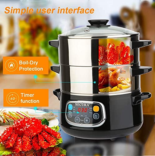 Secura Electric Food Steamer, Vegetable Double Tiered Stackable Baskets with Timer 1200W Fast Heating Stainless Steel Digital Steamer 8.5 Quart - Image 5