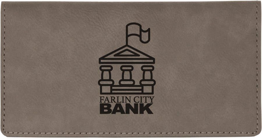 Custom Logo Checkbook Cover Faux Leather Permanently Engraved (Grey with Black)