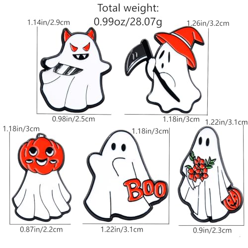 Image of 5Pcs Halloween Ghost Enamel Brooch - Pumpkin Reaper /Death's Scythe Devil Boo Lapel Pin - Cute Flower Smile Heart leaves Pattern Badges Gifts for Women Men