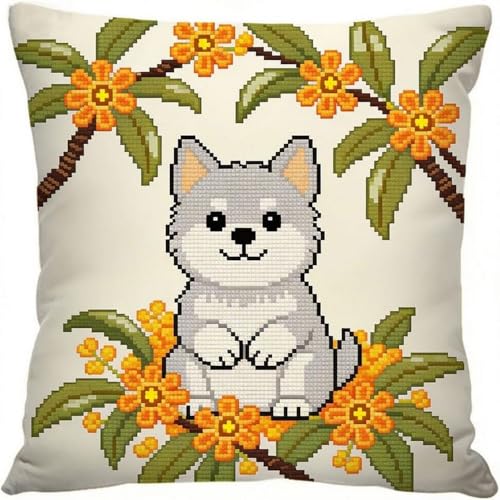 Broderie coussin au point de croix loup - Kit complet canevas estampillé DIY 45cm