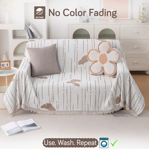 Image of HOKIPO Printed 320 GSM Chenille Sofa Cover Throw Blanket for 2 Seater Sofa - All Season, 'Serene Abode Series' Beige Ginkgo Lines (180x250 cm) (AR-6632-D2)