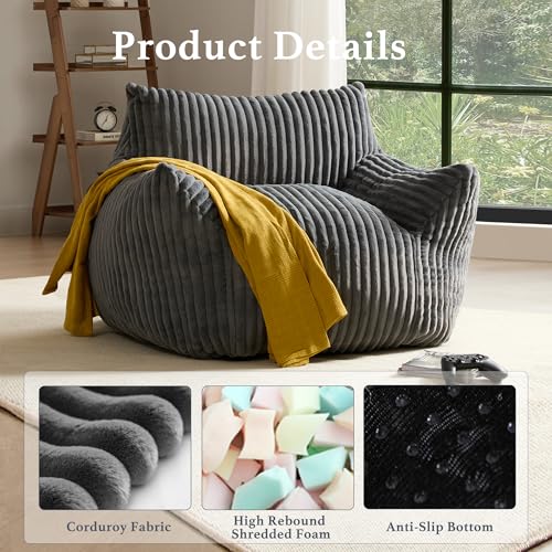 Giant Plush Bean Bag Chair for Adults with Armrests - Extra Large Comfortable Grey Bean Bag Lounge Lazy Floor Sofa Chair for Living Room Bedroom Dorm Cozy Fluffy by Gericco - Image 3