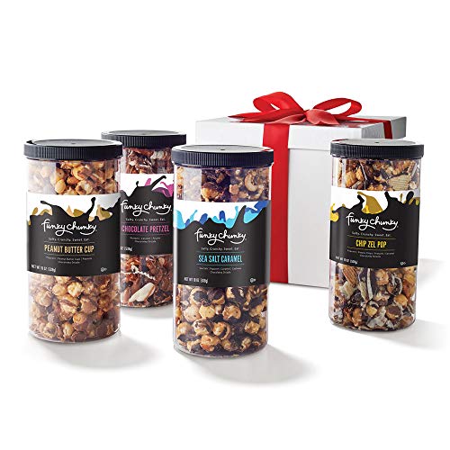 Funky Chunky Gourmet Popcorn, Chocolatey Popcorn, Pretzel, and Nutty Mixes, Gift Set, Sea Salt Caramel, Peanut Butter Cup, Chip Zel Pop & Chocolate Pretzel, 19-Ounce Canisters (Pack of 4)
