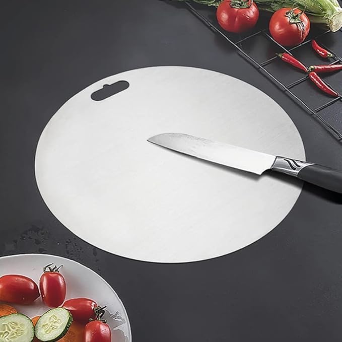Image of Premium Round Stainless Steel Chopping Cutting Board, Easy-to-Clean Kitchen Essential for Food Preparation (Round Chopping Board)