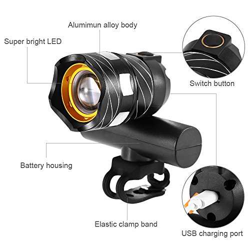Lixada Zoomable Farol de Bicicleta LED USB Recarregável
