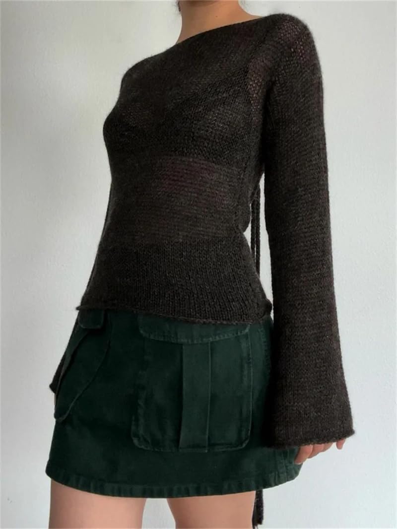 Donne Backless Tie-Up Pullover Top Manica Lunga Flare Slim Solido Maglioni Party Jumpers