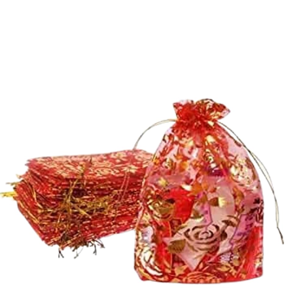 DMS RETAIL Red Printed Organza Bag Pouches|Organza Return Gift Bags|Drawstring Pouches For Wedding| Jewelry Gift Bags for Party 6X8 CMS Pack Of (100) (B0D1ZB8XD4) Amazon Price History, Amazon Price Tracker