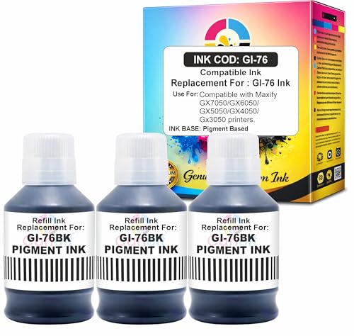 Image of CANOFF GI 76 Black Pigment Refill Ink Compatible Ink Bottle Replacement for Canon MAXIFY GX7050 GX6050 GX5050 GX4050 GX3050 Printers - Pigment Ink for Sharp Prints 3pcs. x 170ML