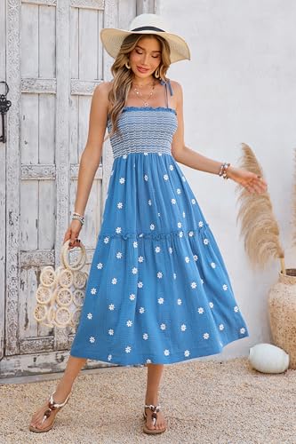 Image of R.Vivimos Womens Summer Cotton Boho Midi Dress 2026 Spaghetti Strap Floral Embroidered Smocked Tiered Flowy Long Dresses