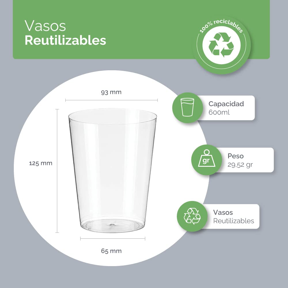 Vasos Sidra - Plástico cristalino (PS) - Color Transparente - Reciclable (150 Uds. Vasos sidra 600 Ml)