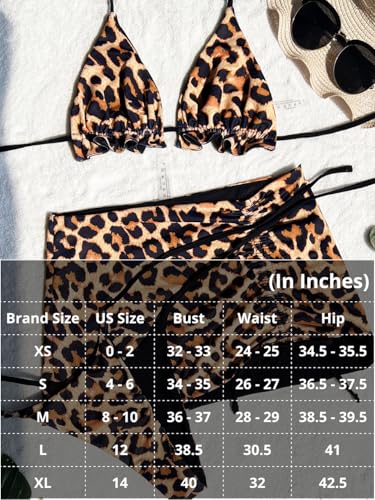Image of ShawGobow Womens 3 Piece Leopard Bikini Set,Triangle String High Cut Thong Sexy Swimsuit & Coverup Skirt,Pool Party Outfit