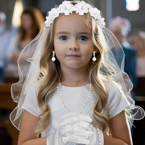 First Communion Dress for Girls Veil Wreath Necklace Bracelet Gloves Socks Earrings - 1st Holy Communion Catholic Accessories Set Wedding Party3
