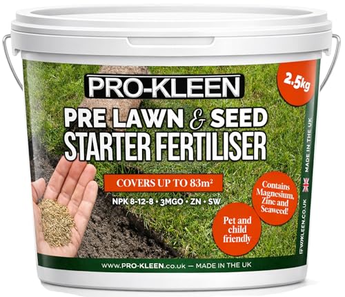 Pro-Kleen Pre Lawn & Seed Starter Fertiliser 2.5kg - NPK 8-12-8 + 3MgO) with added Zinc & Seaweed - Phosphorus Rich with Nitrogen Potassium & Magnesium - Non-Toxic & Non-Staining - Covers up to 83m2