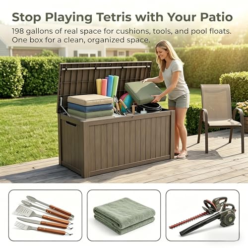 Image of 198 Gallon Resin Deck Box - Finally, a Lockable Outdoor Storage That Fits Everything (Cushions, Tools, Pool Gear & BBQ) - Weatherproof Wood Grain Design for Patio, Garden, Office, Home Indoor Outdoor