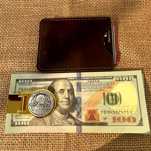 Men's front pocket leather Money Clip Wallet with hinged wallet inlaid with Sterling silver coins Classic minimalist (Dark brown and sterling silver coin 02)3