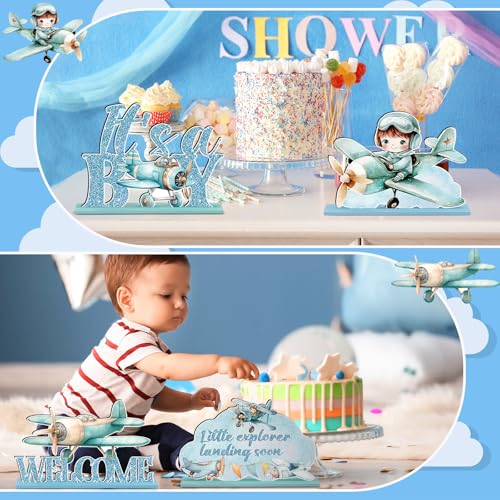 Image of Realspring 6 Pcs Airplane Baby Shower Decorations Airplane Wooden Table Centerpieces for Boy 1st Birthday Party Aircraft Theme Party Decoration It's a Boy Baby Shower Supplies