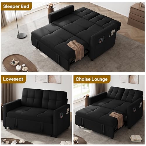 DWVO 55" Convertible Sofa Bed, 3-in-1 Sleeper Sofa with Pull-Out Bed, Linen Futon Couch with Side Pocket and Adjustable Backrest, Modern Loveseat for Living Room, Balck